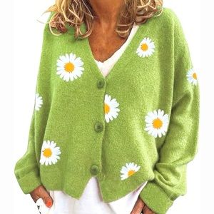 Embroidered Daisy Flower Green Knit Cardigan Women’s Sweater Size S/M